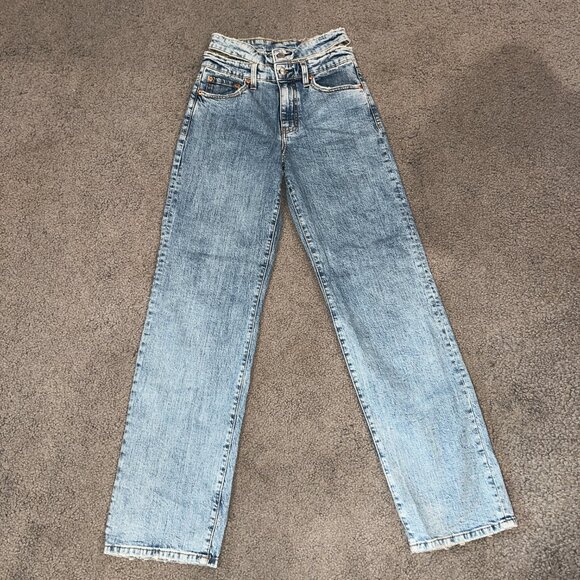 DAZE TOUGH LOVE DOUBLE CUT PEEK-A-POO WAISTBAND BLUE DENIM JEANS - SIZE 25 - Picture 2 of 14